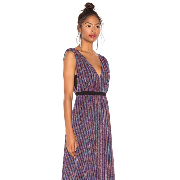 bcbg metallic stripe pleated gown